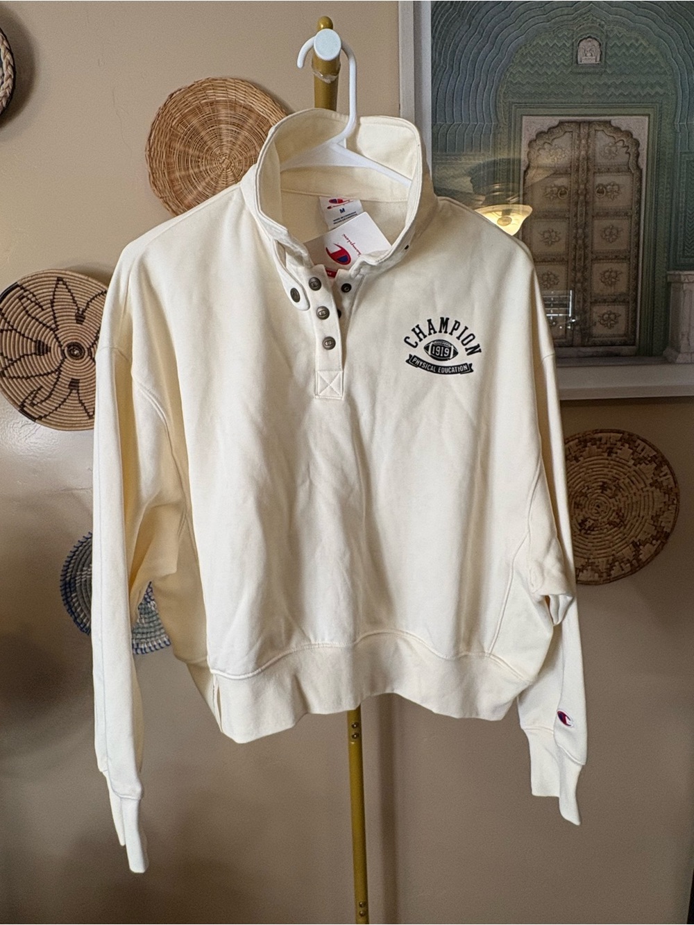 Champion Cream Button-Up Henley Pullover Sweatshirt